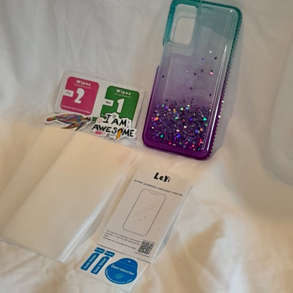 Samsung Galaxy A32 5G Fluid Glitter Hearts with Screen Protectors Teal/Purple